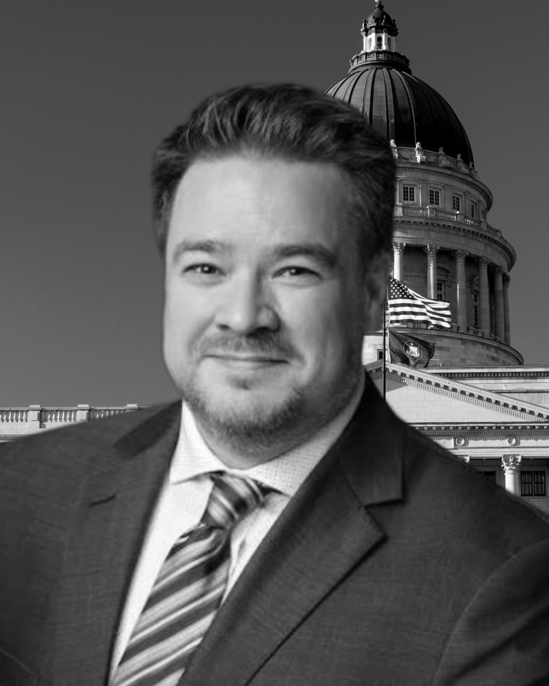 Editorial portrait of Matt MacPherson in front of a state capitol building